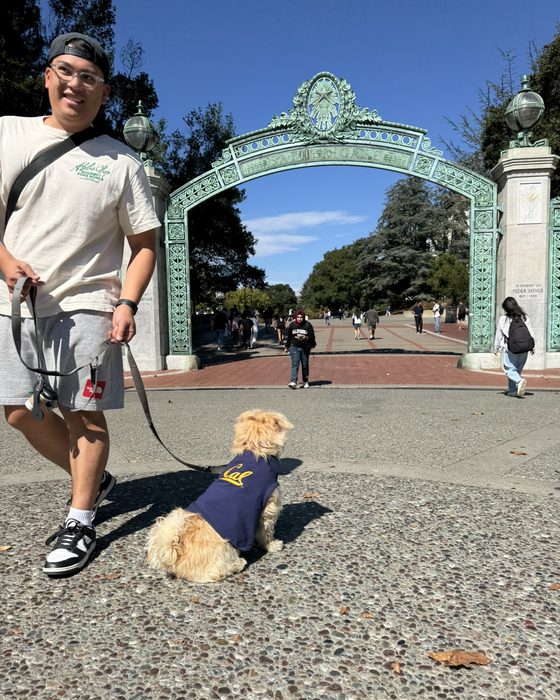 Matt walking his dog, dressed in a Cal shirt, in front of Sather Gate